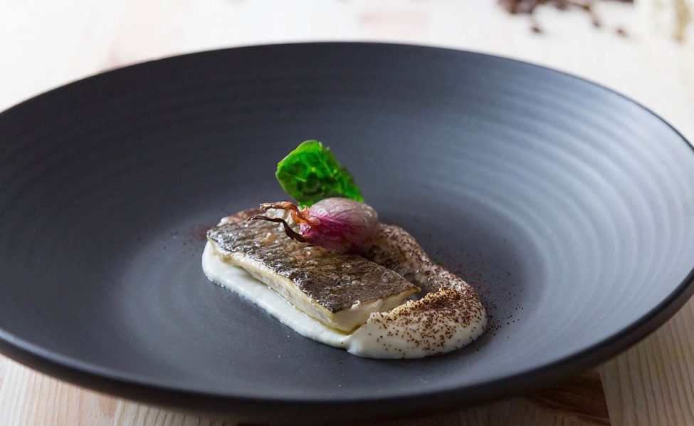 Trota su morbido di cavolfiore al caffè